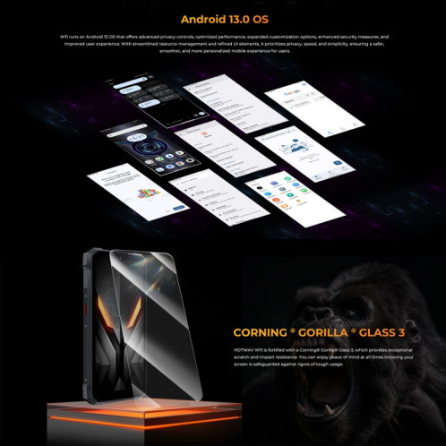  Téléphone robuste HOTWAV W11, 6 Go + 256 Go, vision nocturne, 20 800 mAh, 6,6 pouces Android 13 MT8788 Octa Core, réseau : 4G, OTG (noir cosmique) SH601B981-026